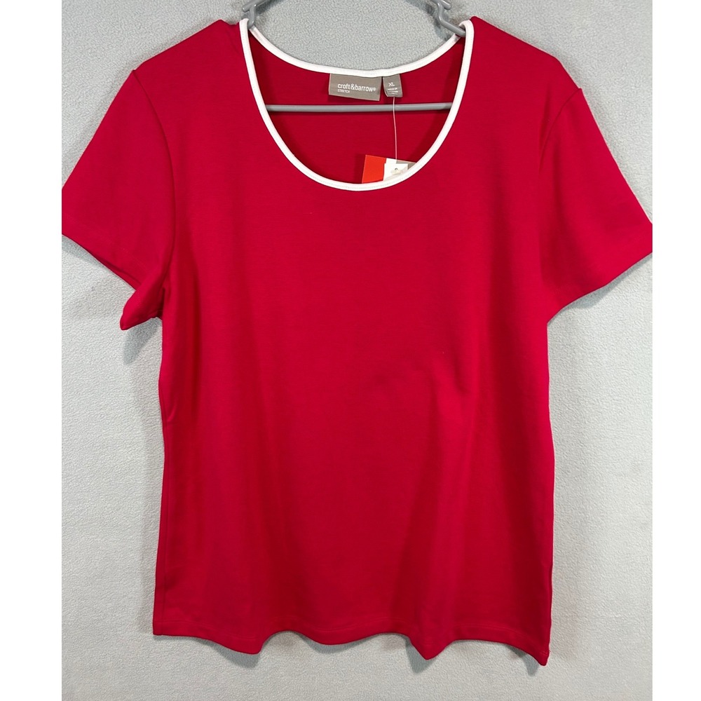 Womens Red T-Shirt XL Short Sleeve Scoop Neck Contrast Trim Basic Casual Office